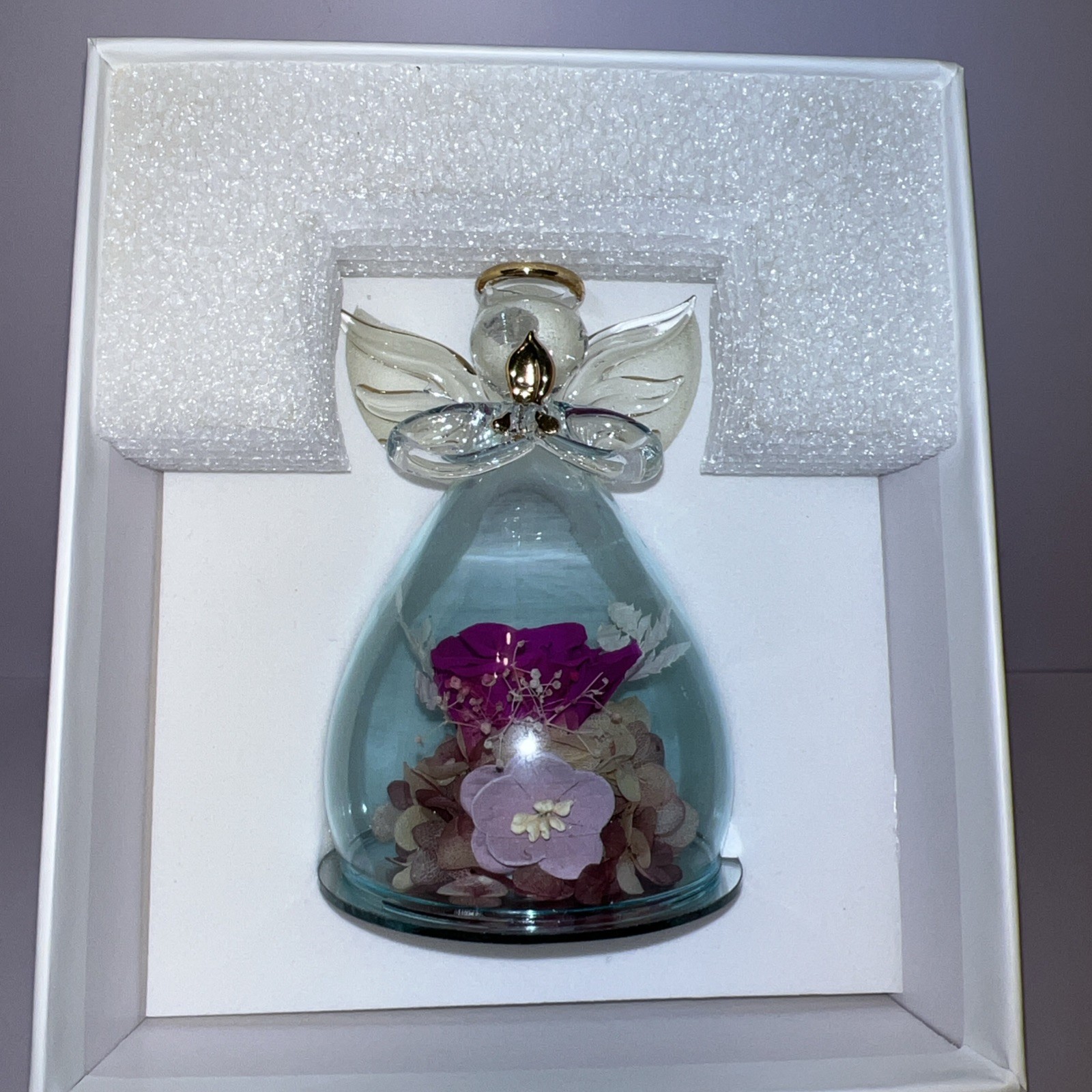 Alunob The Only Eternal Rose Last Forever Angel Blown Glass blue Gift open box