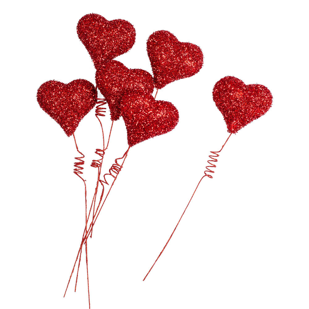 Package of 6 Red Tinsel Foam Valentine’s Day Heart 14″ Tall Picks