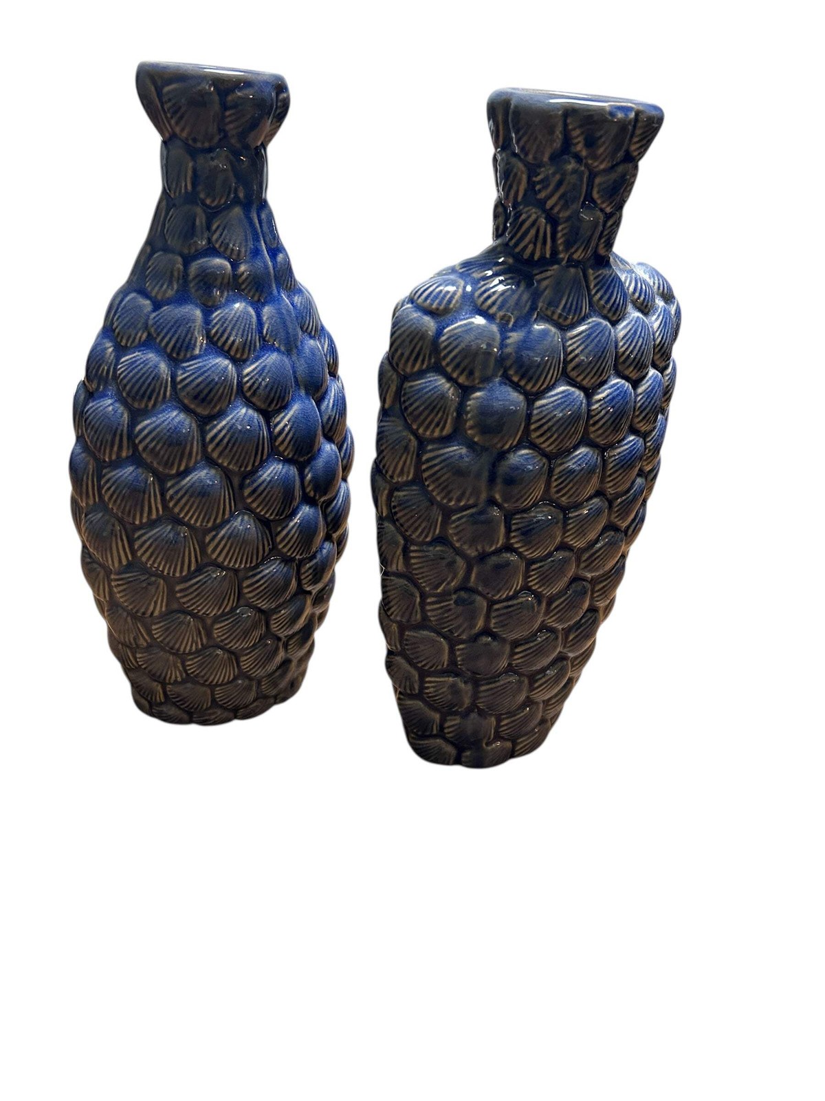 Vintage Blue Decorative Ceramic Vase set — Textured Shell Design Coastal Home Ac