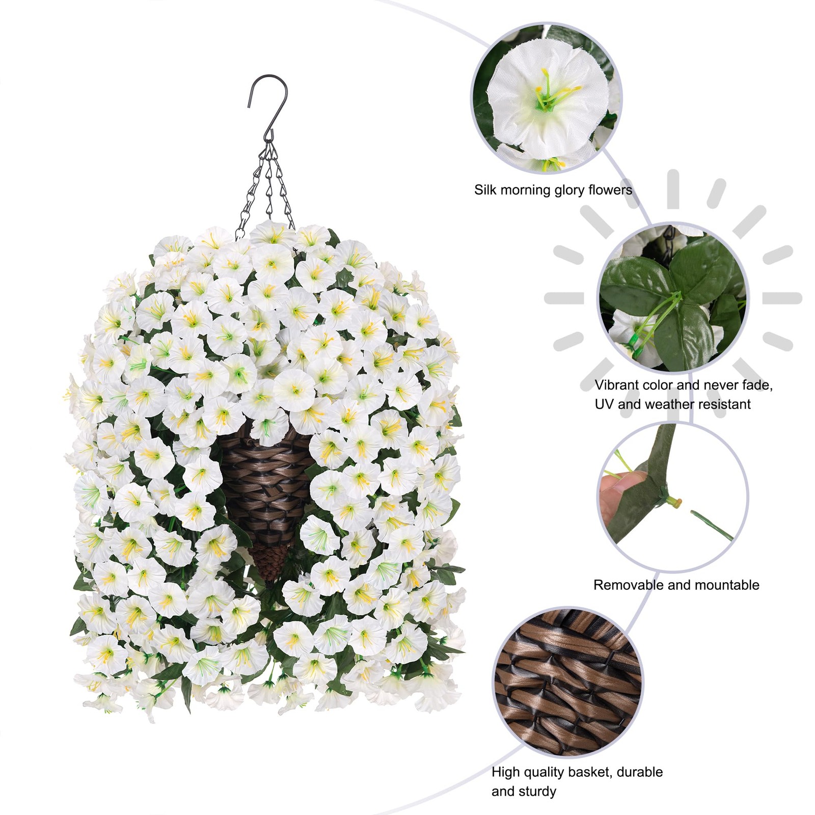 HyeFlora Artificial Faux Hanging White Flowers Plants Basket for Outdoor Outs…
