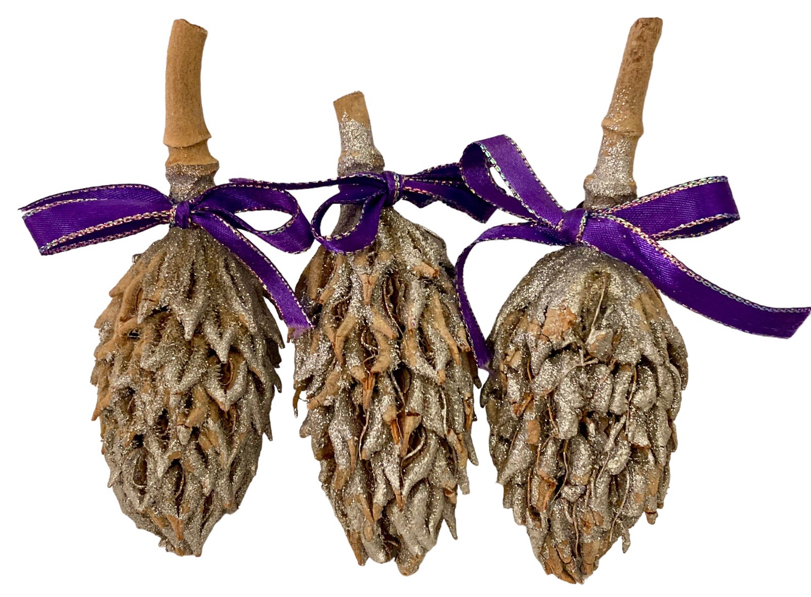 13 Magnolia Seed Pods Decor Silver Glittered Purple Ribbon Bows