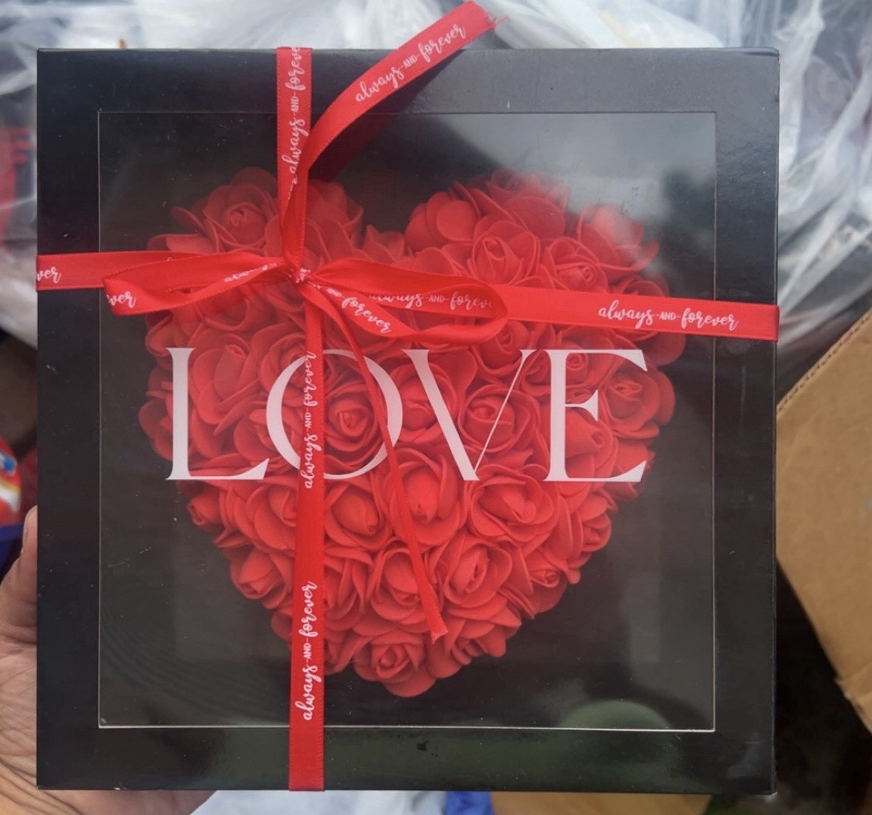 Artificial Red Rose Heart Flower Box Wall Decor, Black Box, Valentine’s