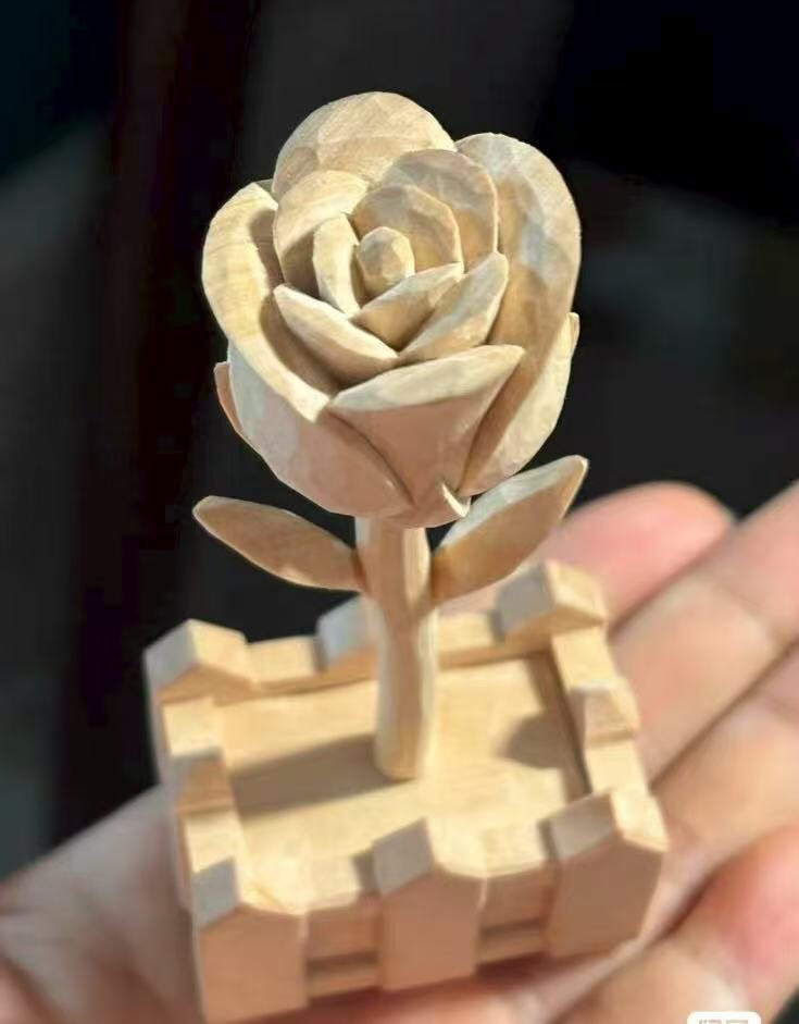 Hand-carved wood rose flower 4.3 in tall Gift Decor New