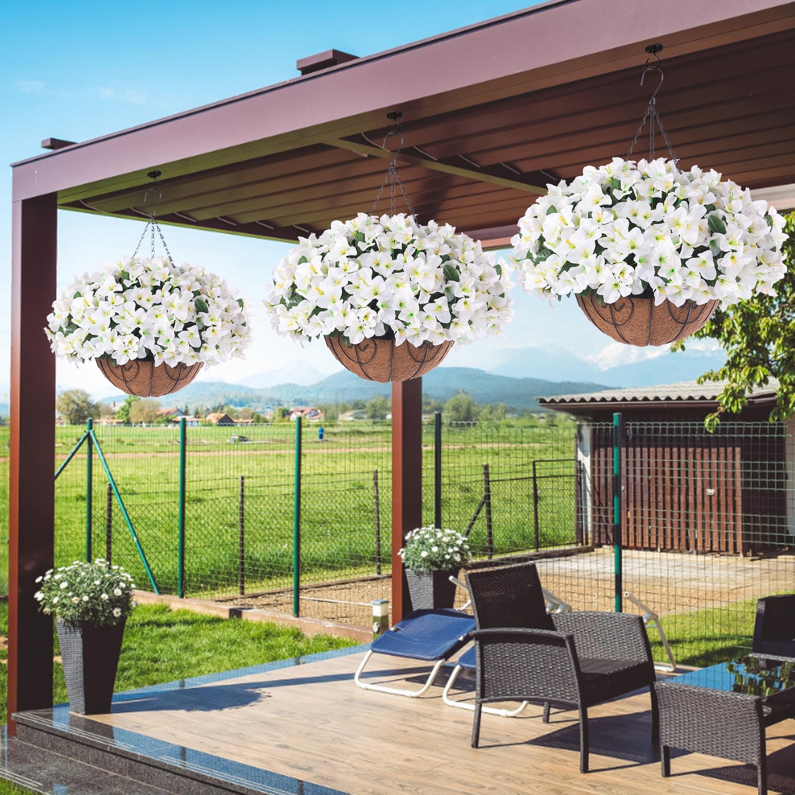 Artificial Hanging Flowers Faux Plants Basket for Outdoors Spring Summer Deco…