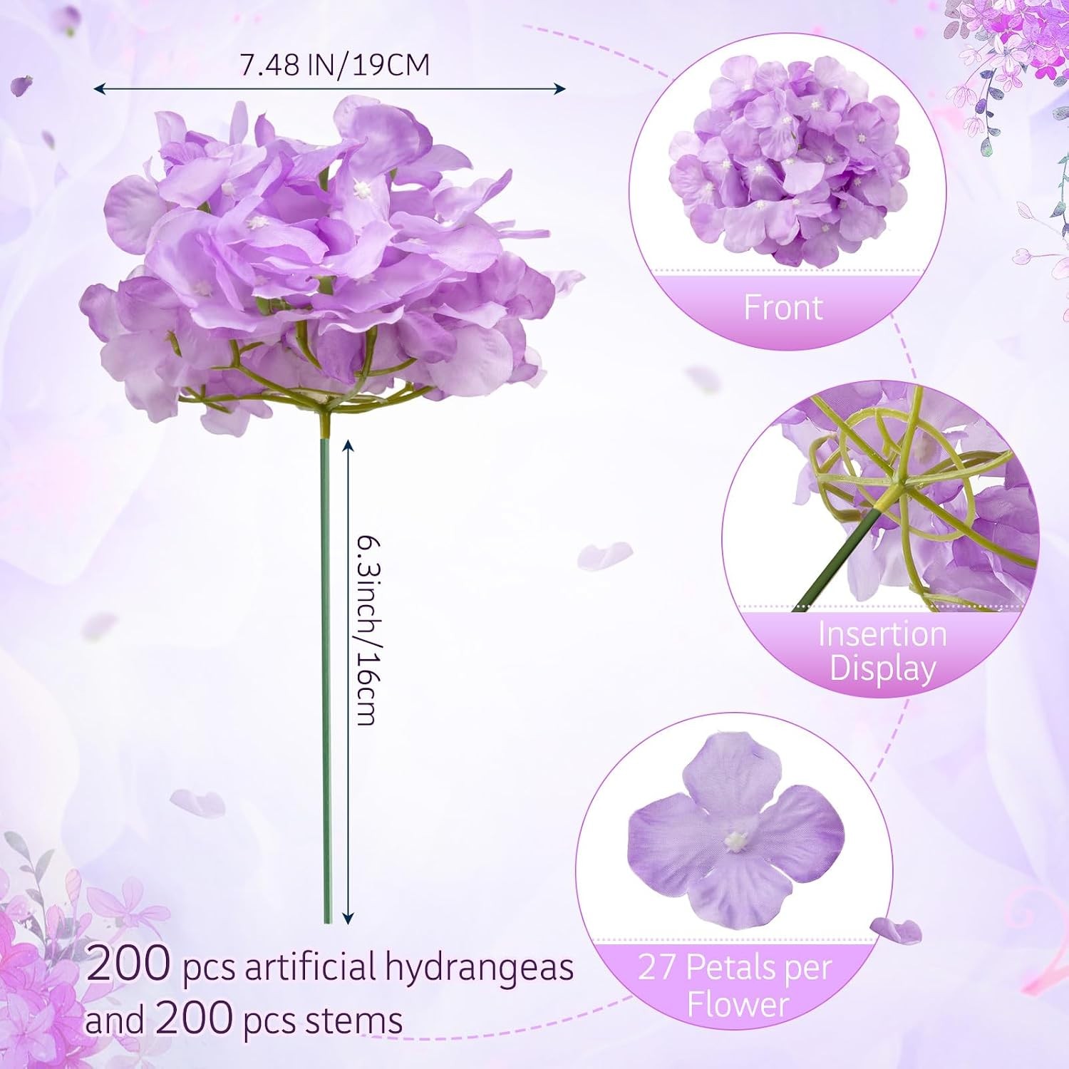 200 Pcs Hydrangea Artificial Flowers Bulk 7.48 Inch Artificial Hydrangeas with