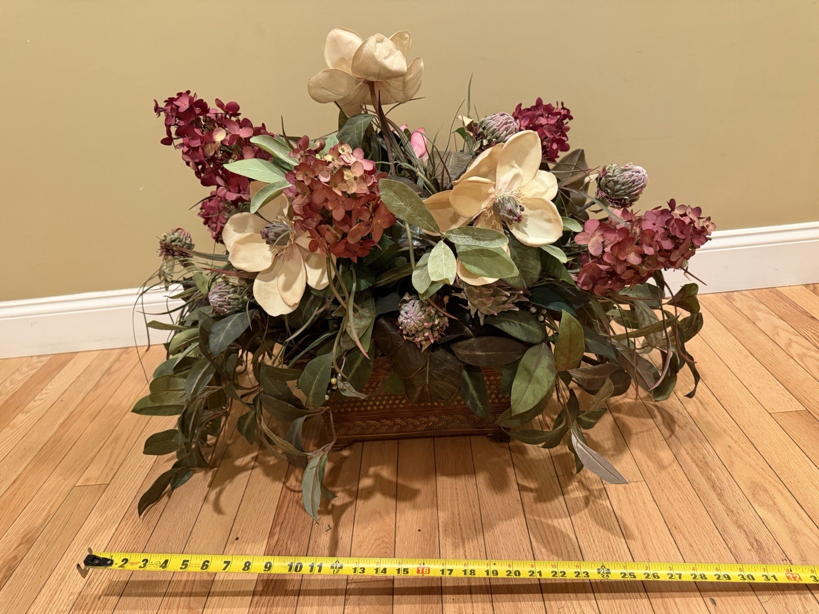 Vintage Artificial Flower Arrangement In Basket Foam Red White Green 25” X 23”