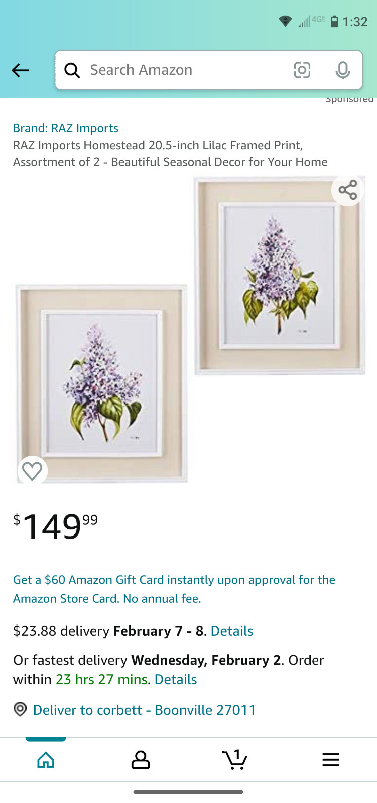 RAZ Imports Homestead 20.5-inch Lilac Framed Print, Decor for Your Home