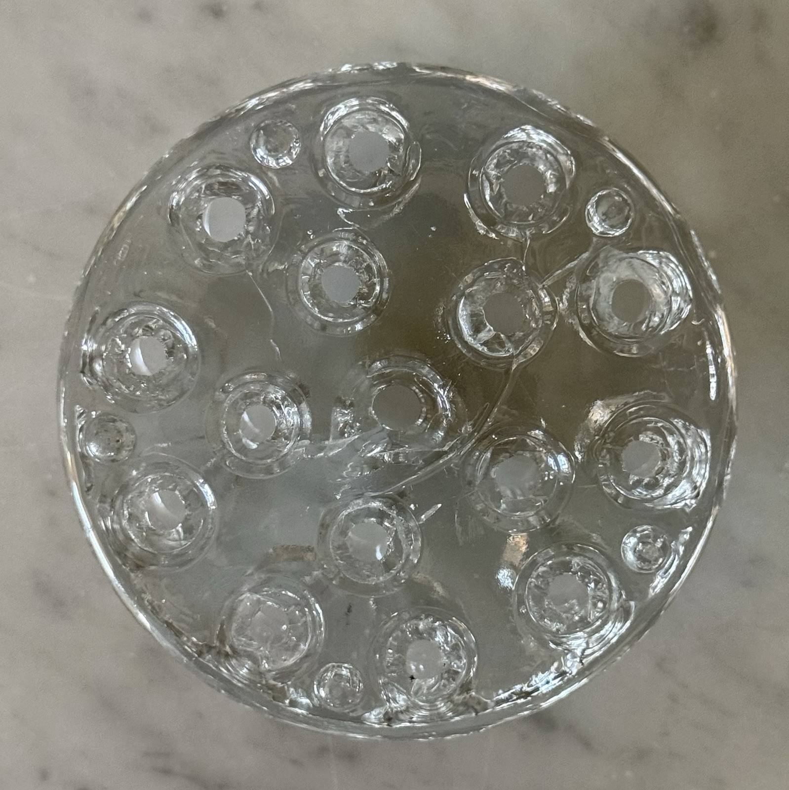 Vintage Thick Heavy Round 16-Hole Glass Flower Frog 3-3/4″ Diameter