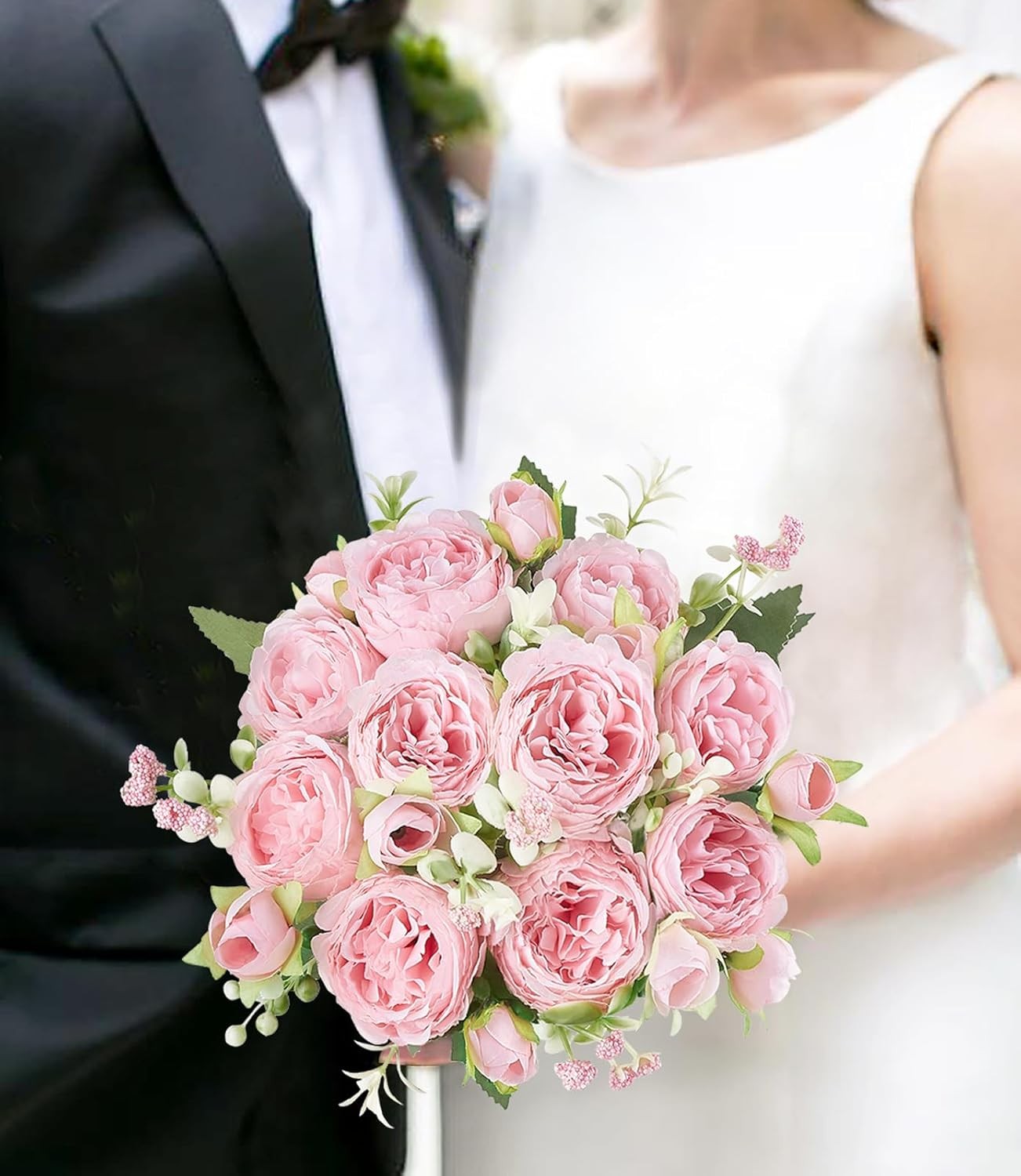 Artificial Peonies Silk Flowers Faux Bouquet Pink for Home, Wedding & Party Deco