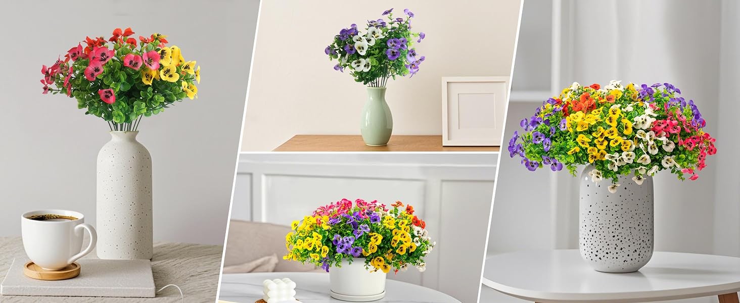 20 Bundles Artificial Fake Pansy Flowers for Outdoor | Yellow, White, Purple,