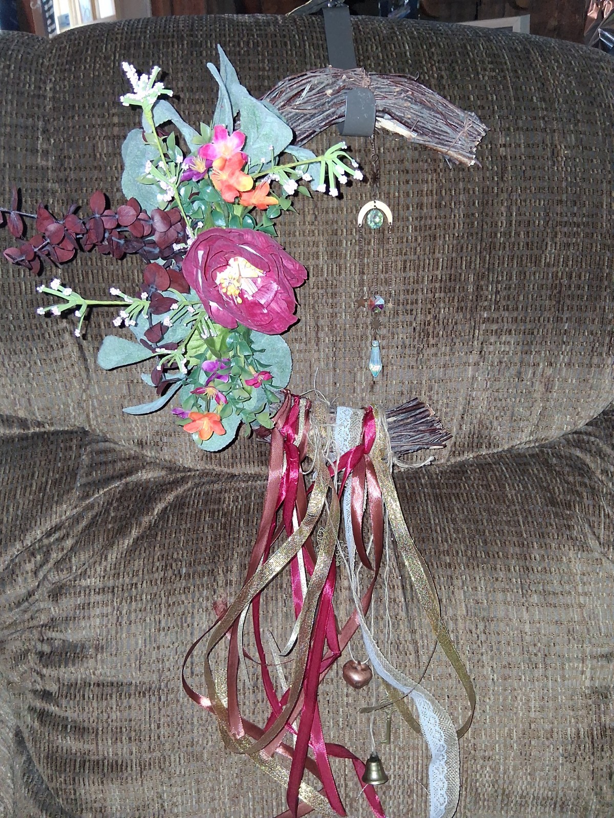 12″ Reiki Infused Crescent Moon Wreath Burgandy, Pinks, With Suncatcher, Bells
