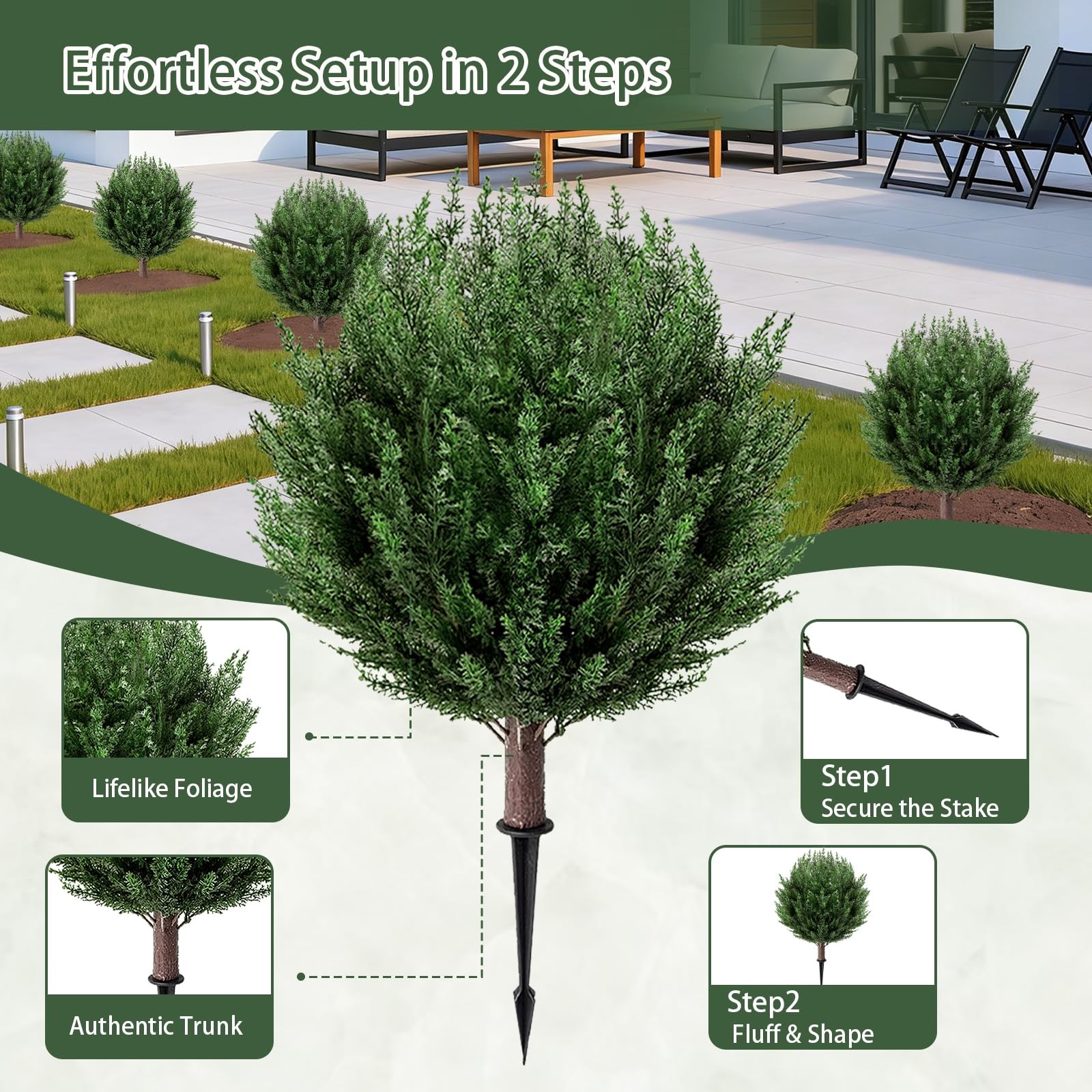 2 Pack 2FT Artificial Cedar Topiary Trees with Ground Spike, Fake Pine Shrubs…