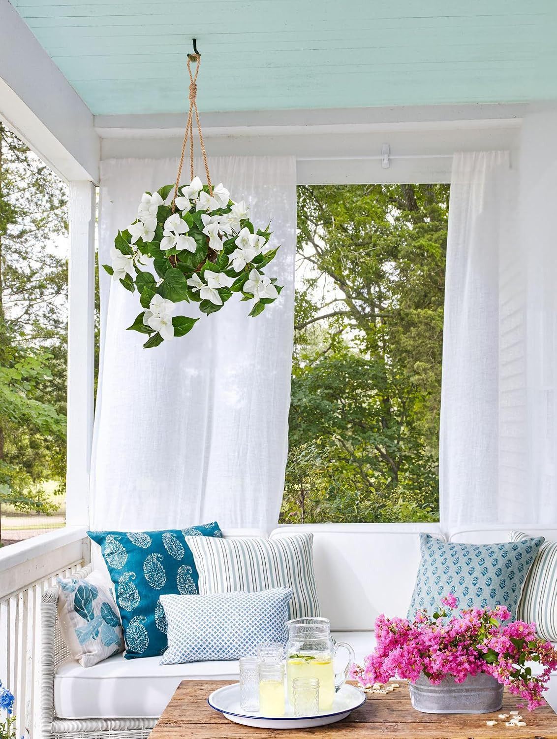 Faux Bougainvillea Hanging Basket – 27.5″ White Flowers in Rattan Planter