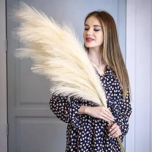 Artificial Pampas Grass 3PCS 43″ Tall Beige Ivory Boho Floor Vase Home Decor