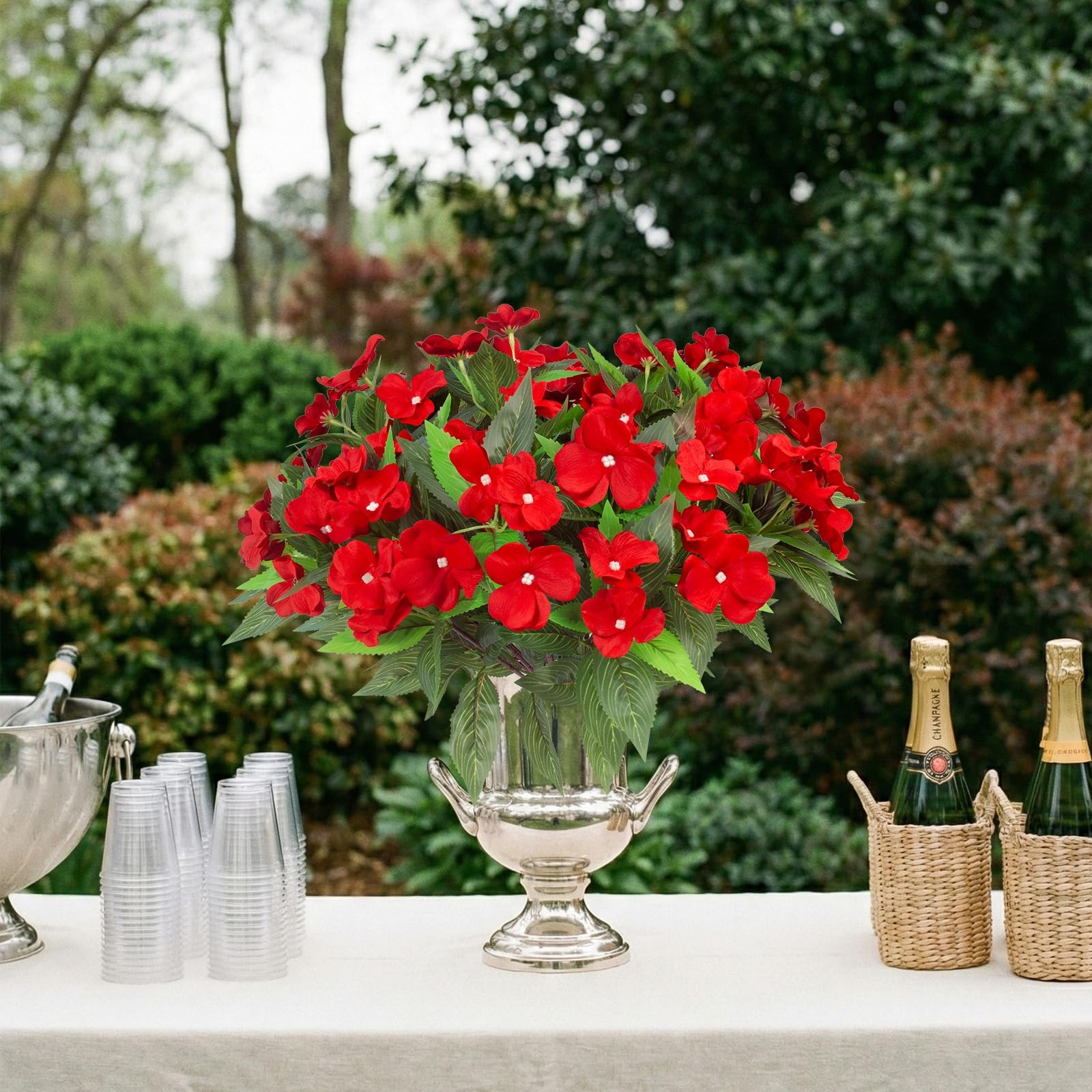 Daynight 4pcs Artificial Impatiens Flowers UV Resistant Red Decor