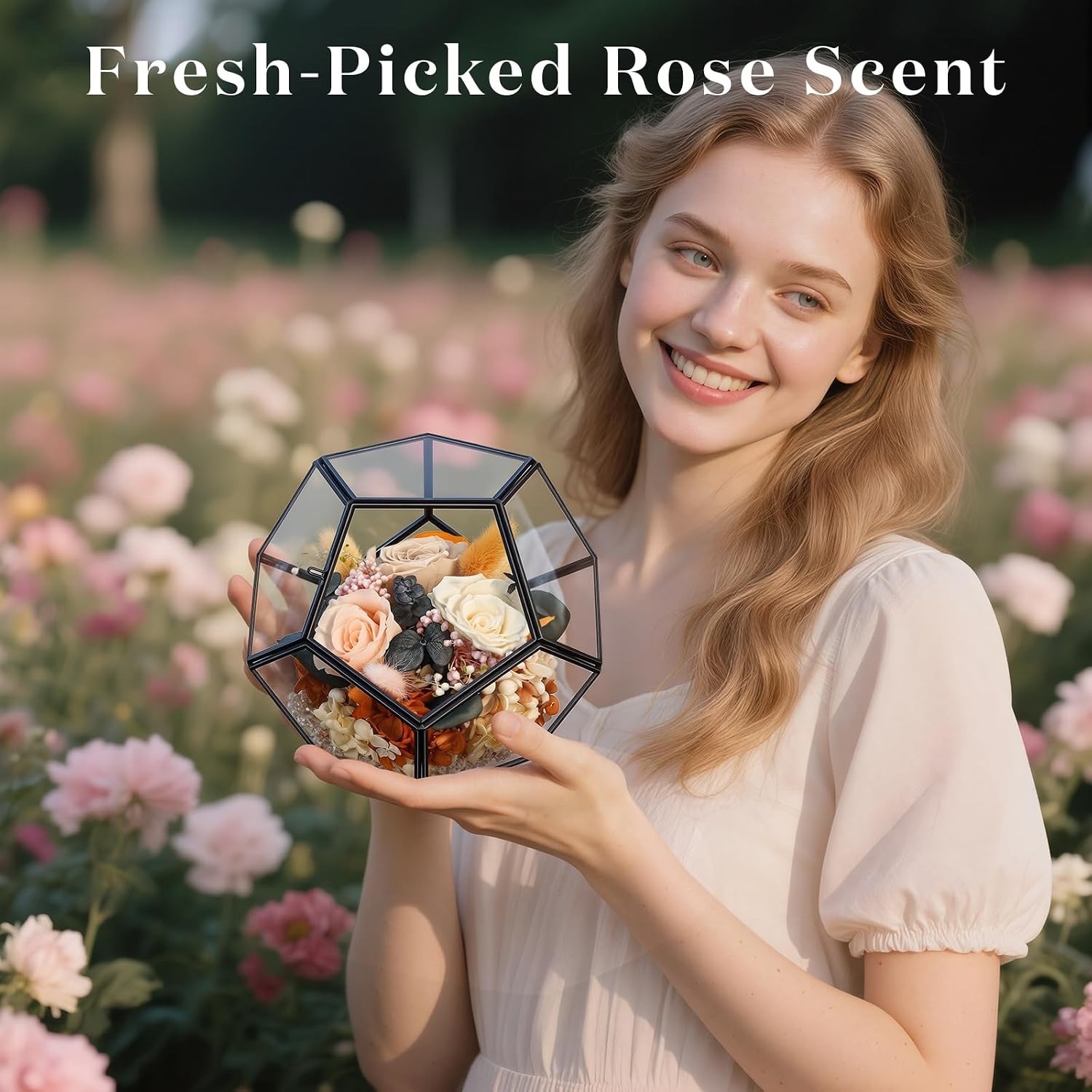 Preserved Rose Floral Arrangement in Geometric Glass Dome Gift for Mom Her