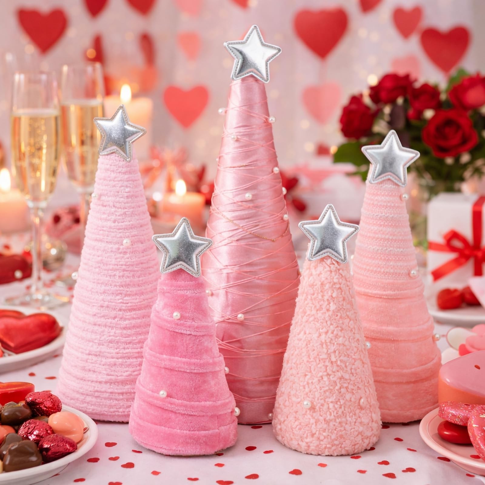 5 PCS Pink Valentines Day Table Decorations Cone Yarn Tree Velvet Wool Plush