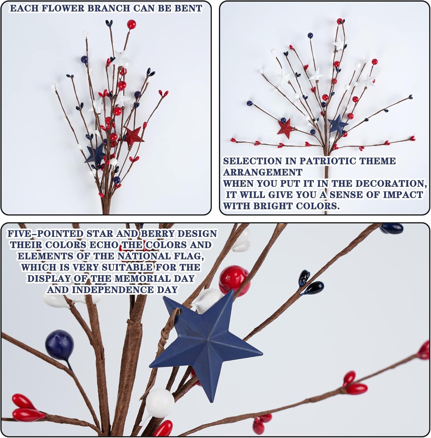 4 Pack Patriotic Artificial Berry Stem Picks White Blue Red Stars 4th of July