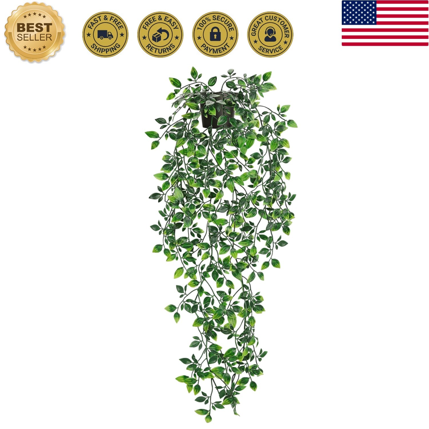 34” Fake Hanging Plant Black Pot for Bathroom Wall Decor | 34” cascading gr…