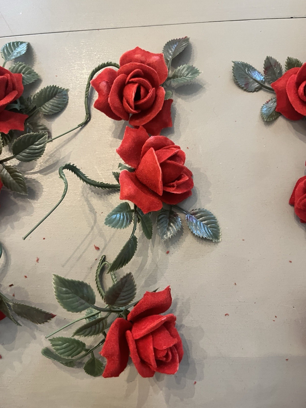 Vintage 29 flocked Plastic Red Roses Wired -6 NOS & 23 Unbagged Floral Decor