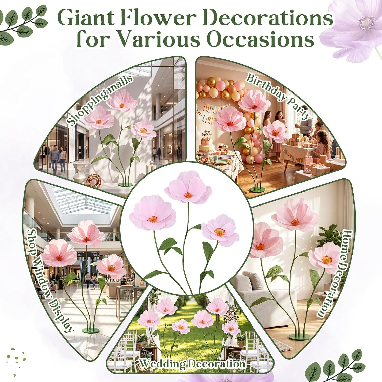 6Ft Pink Giant Flowers for Decoration with Stand, Large Artificial Poppy, Big Pa