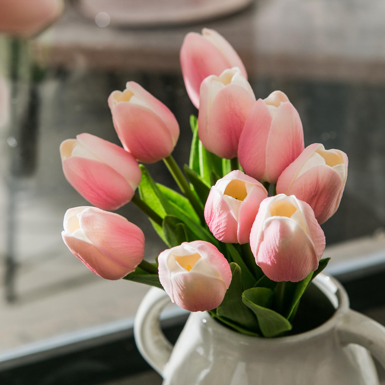 20 PCS 13 Inch Pink White Artificial Tulip Silk Fake Flowers Wedding Decor