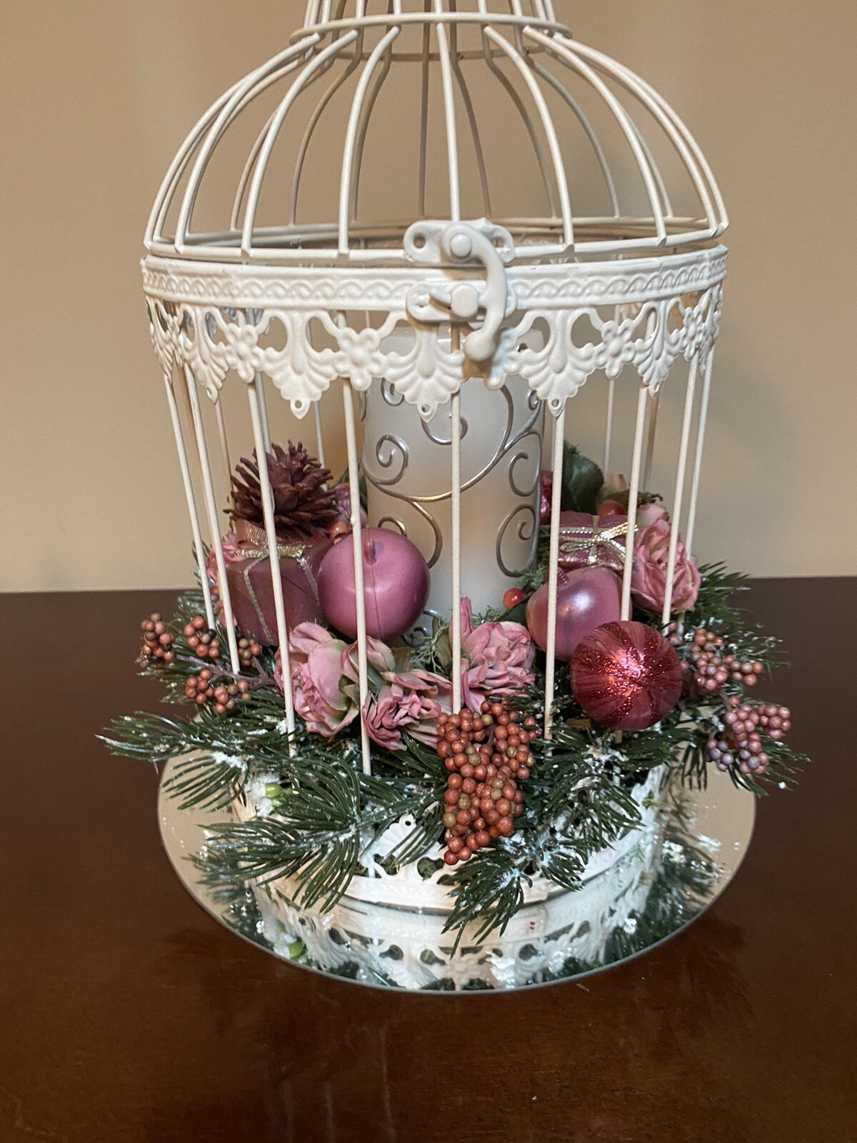 Vintage Christmas Birdcage with Pink Highlights & Pillar Candle