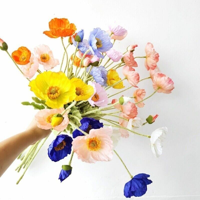 Artificial Poppies Flower Gorgeous Silk Papaver Rhoeas Flocking Stem Home Decors