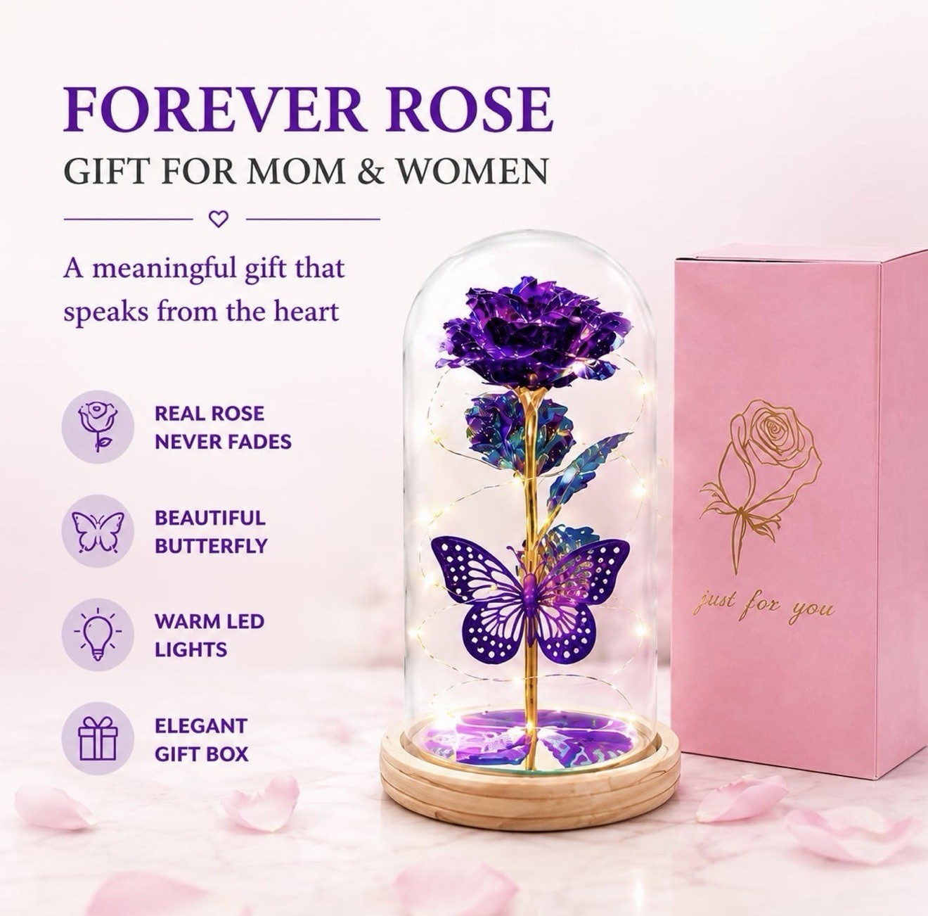 Purple Artificial Rose Arrangement in Glass Dome w/ Butterfly & LED Lights