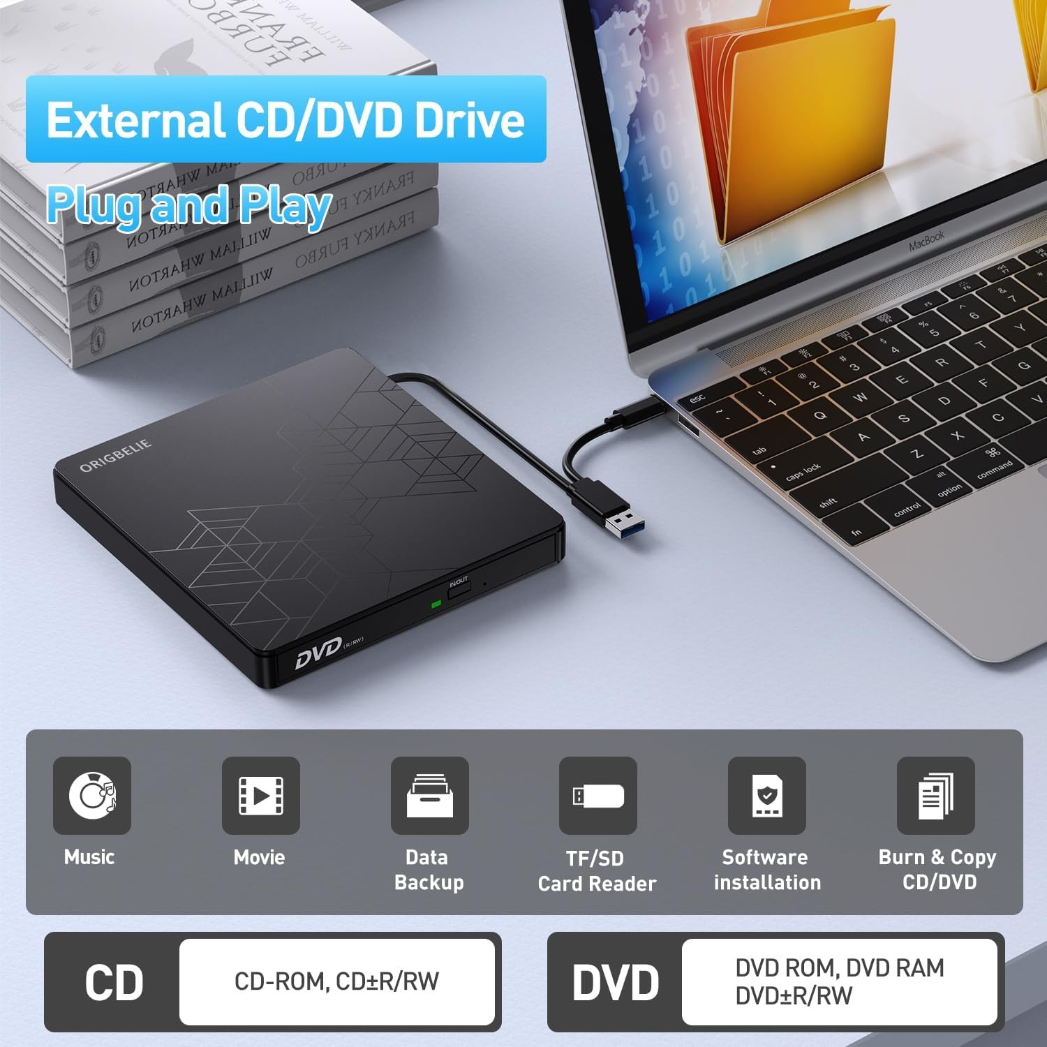 External DVD Drive, CD Drive USB 3.0 Typle C CD/DVD ROM +/-RW Adapt…