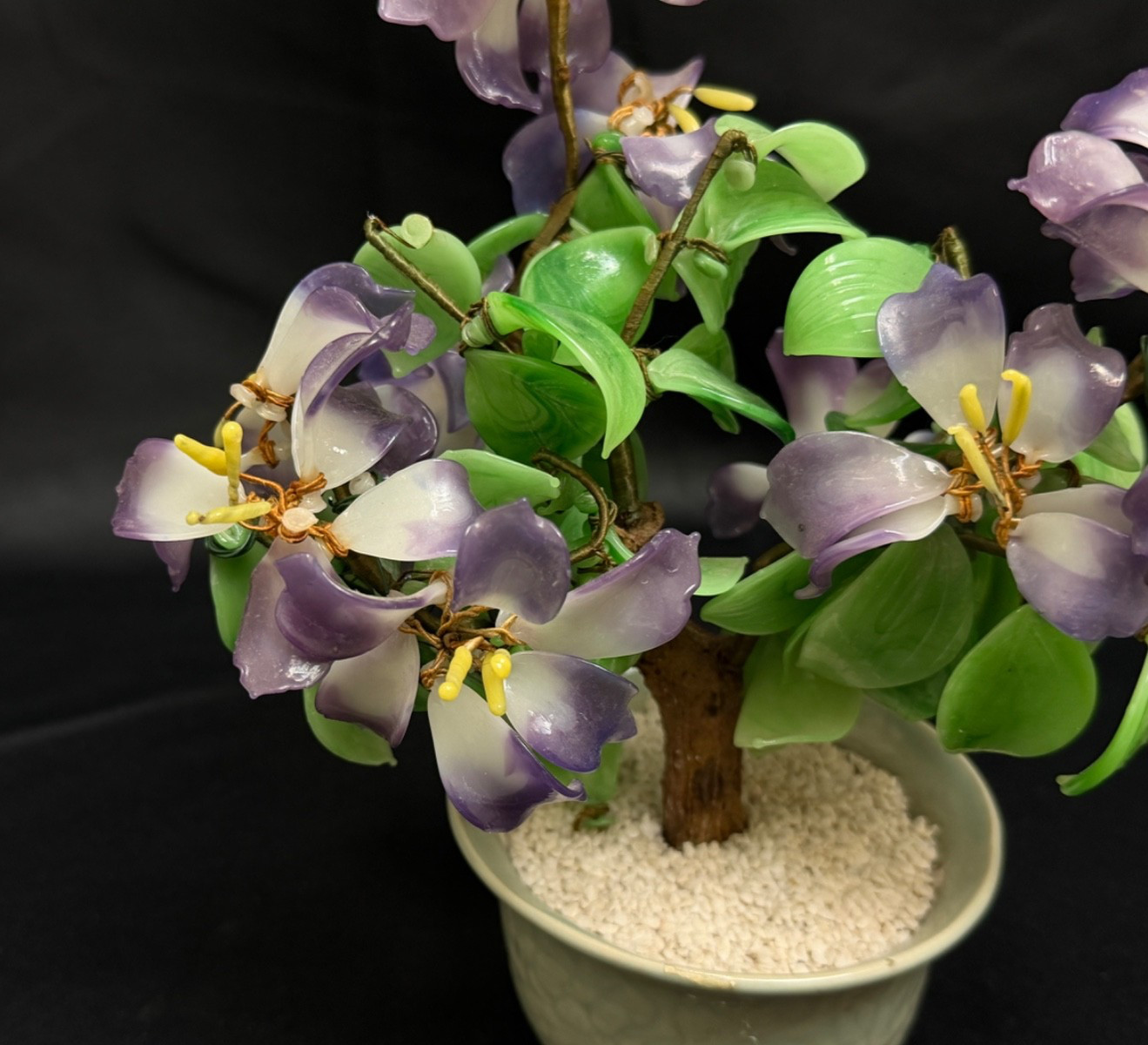Vintage Jade & Glass Handmade Bonsai Tree Purple & White Flowers 11”