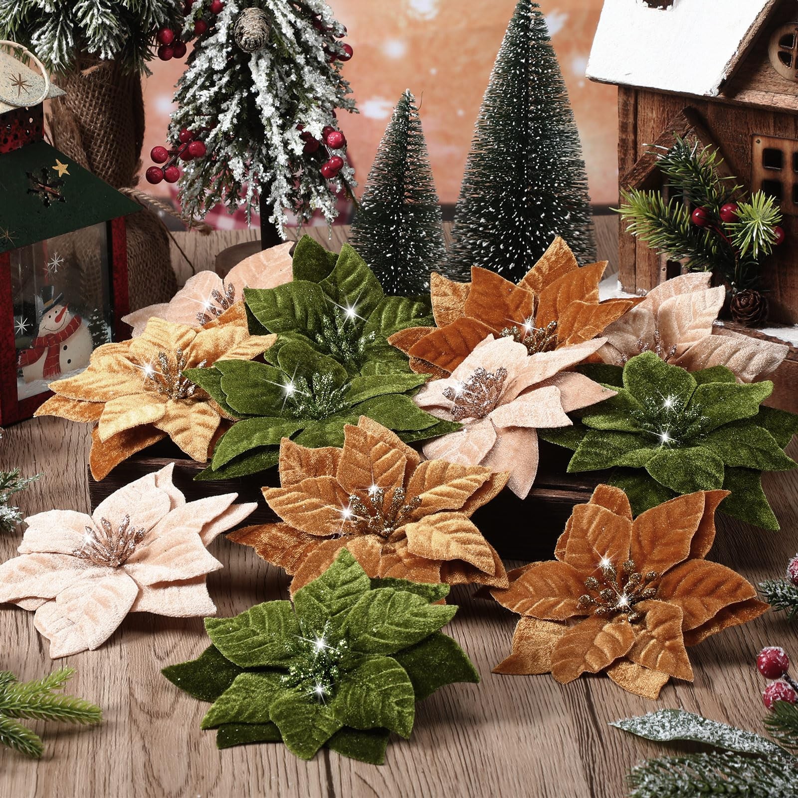 12 Pcs Artificial Neutral Christmas Poinsettia Flower 5.9 Inch Velvet