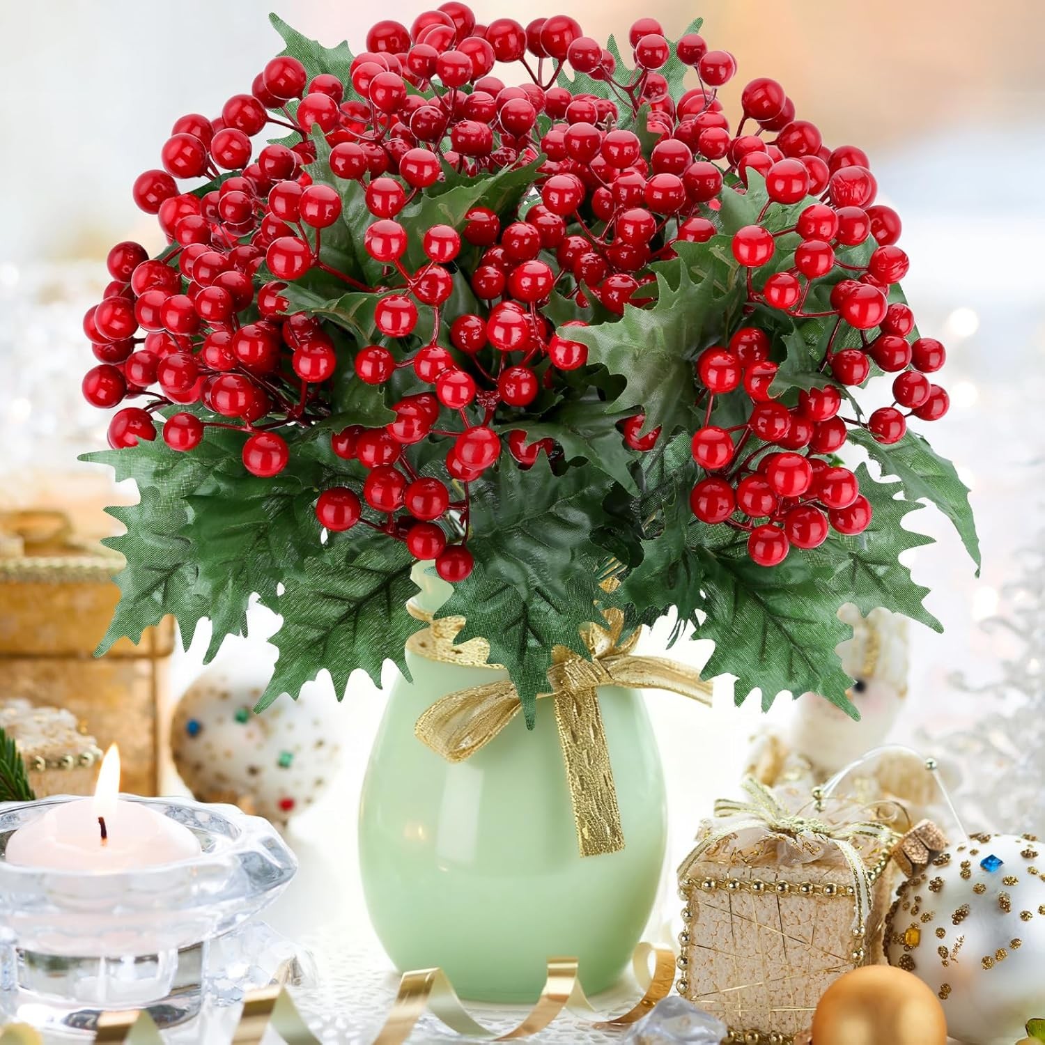 4 Bundles 140 Pcs Artificial Christmas Flowers with Red Berry Stems, Fake Norfol