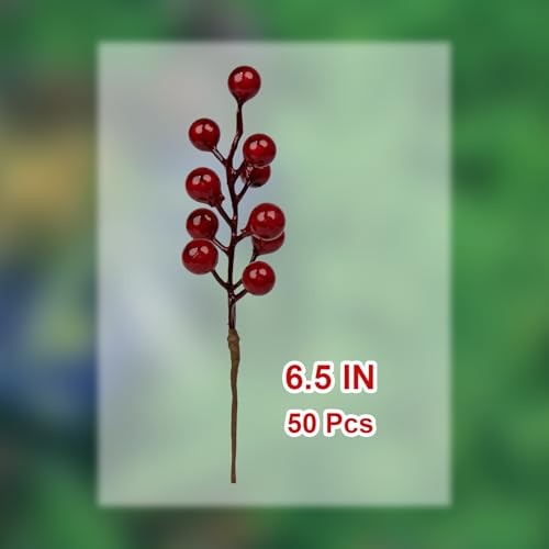 50 Pack Christmas Tree Decorations 6.5 Inch Artificial Berry Stems Red Berry