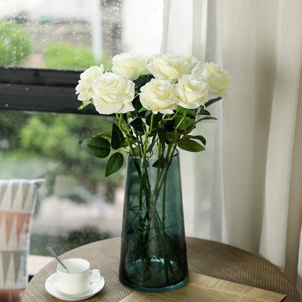 Artificial Silk Rose Flower Bouquet 10pcs White Fake Roses for Wedding Party