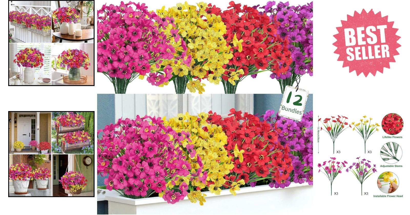 Multicolor Artificial Flowers – 12 Bundle Setup for Indoor and Outdoor Use