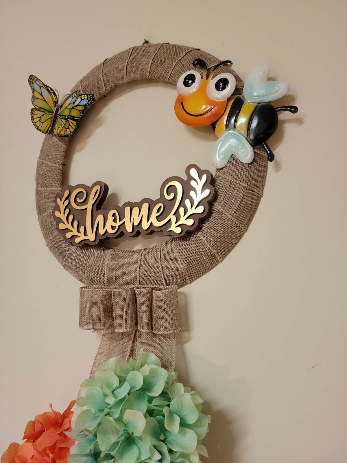 Golden HOME coral 3D BUTTERFLY wreat WHITE TEAL Hydrangeas HAPPY BEE burlap Door
