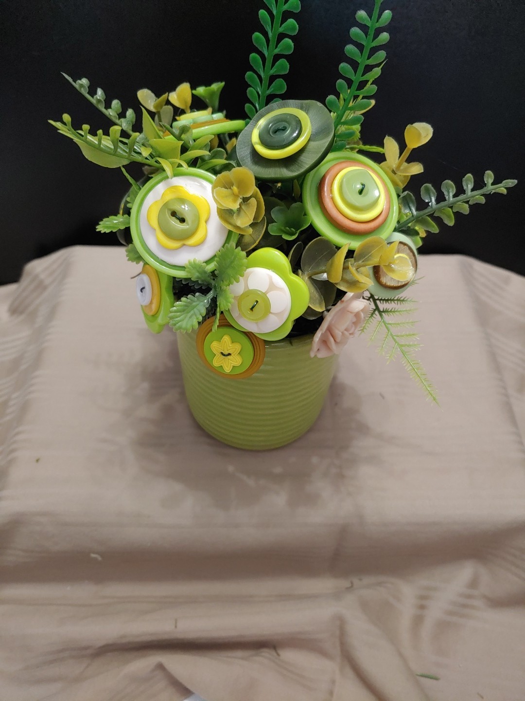 Green Yellow Button Flower Bouquet In Lime Green Coffee Mug Vintage