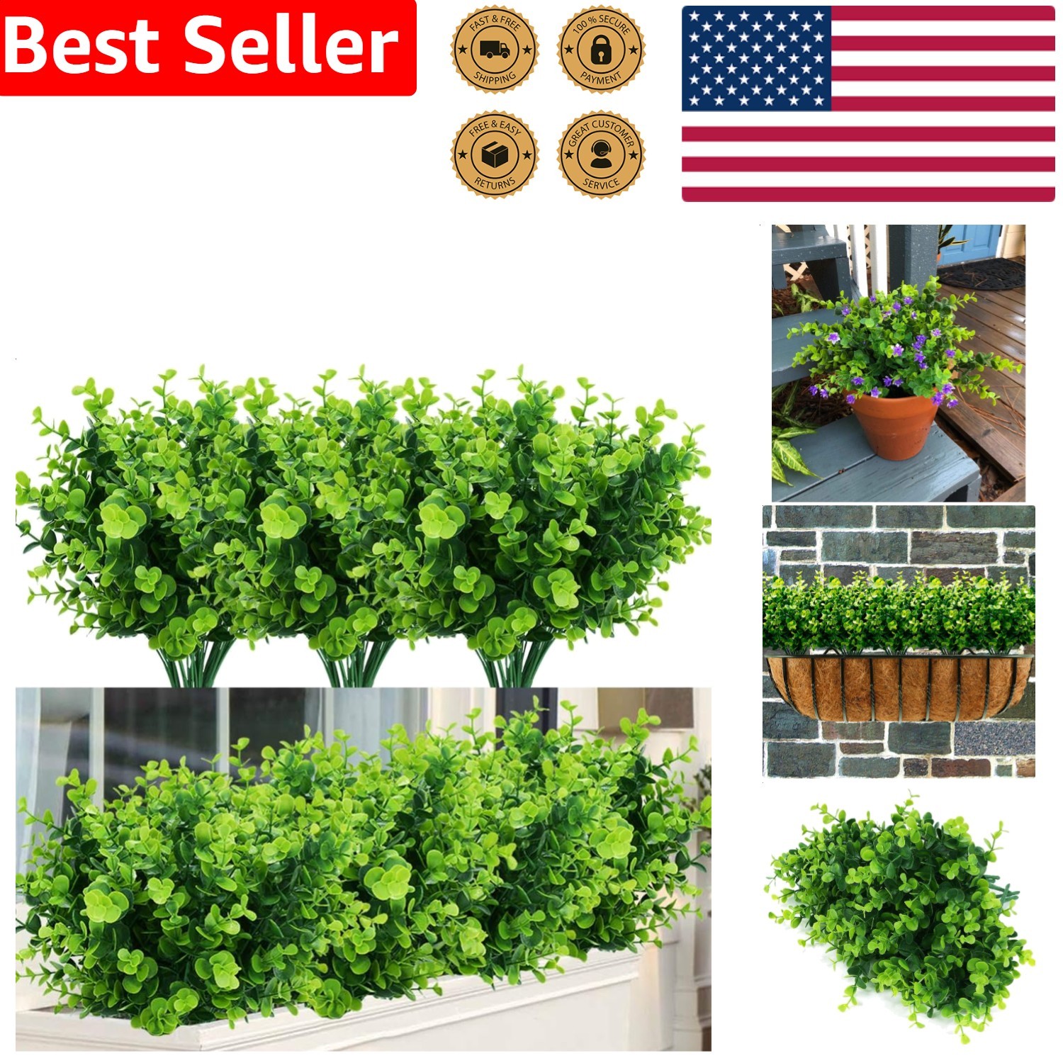Artificial Boxwood Shrubs 6 Pack Faux Greenery Foliage 42 Stems Lifelike Outdoor