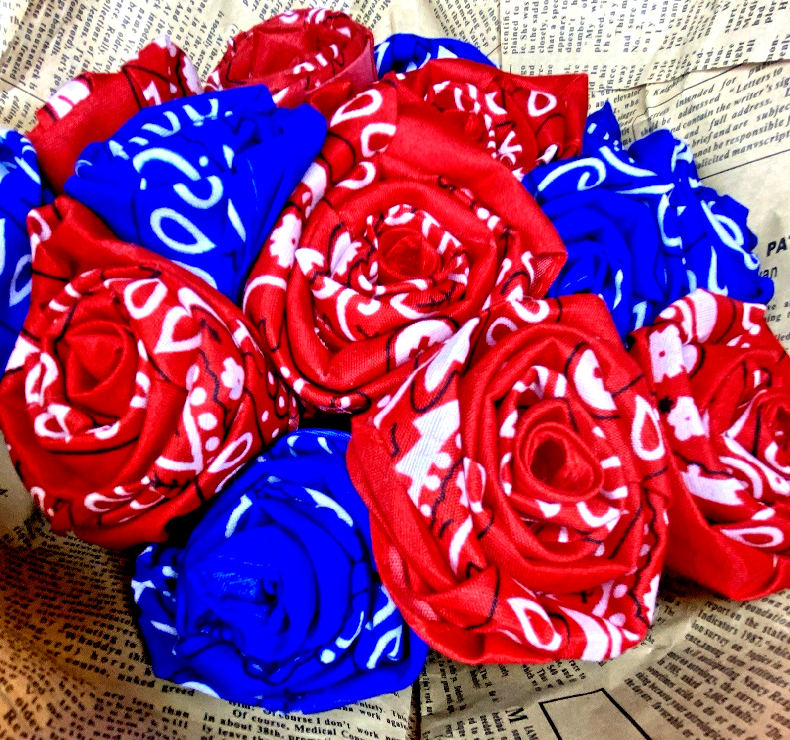 Handmade Rose Bouquet Bandana Wrap Blue Red Roses Vintage Newspaper Replica
