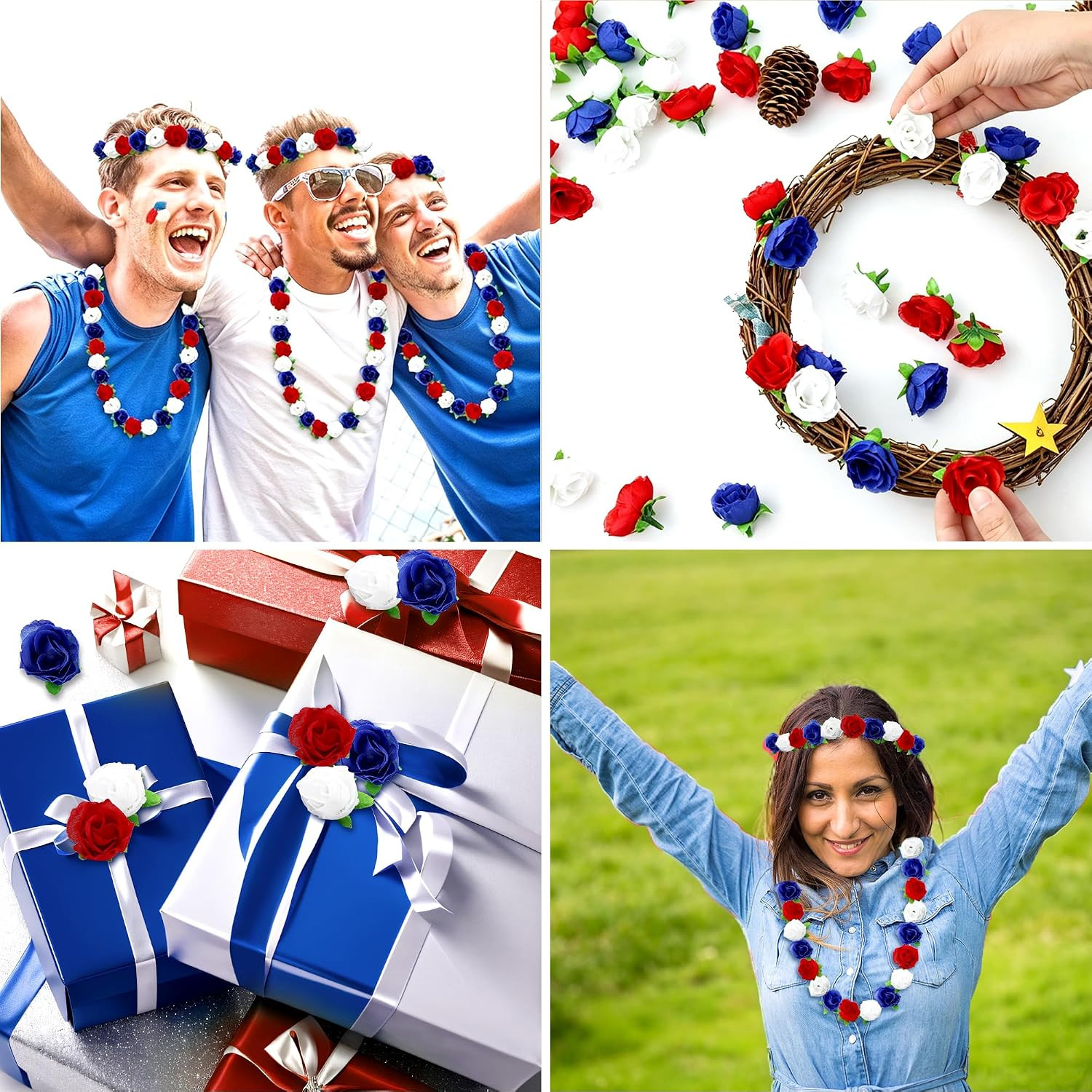 100 Pcs Mini Patriotic Roses Head 4th of July Artificial Flowers Small Rose f…