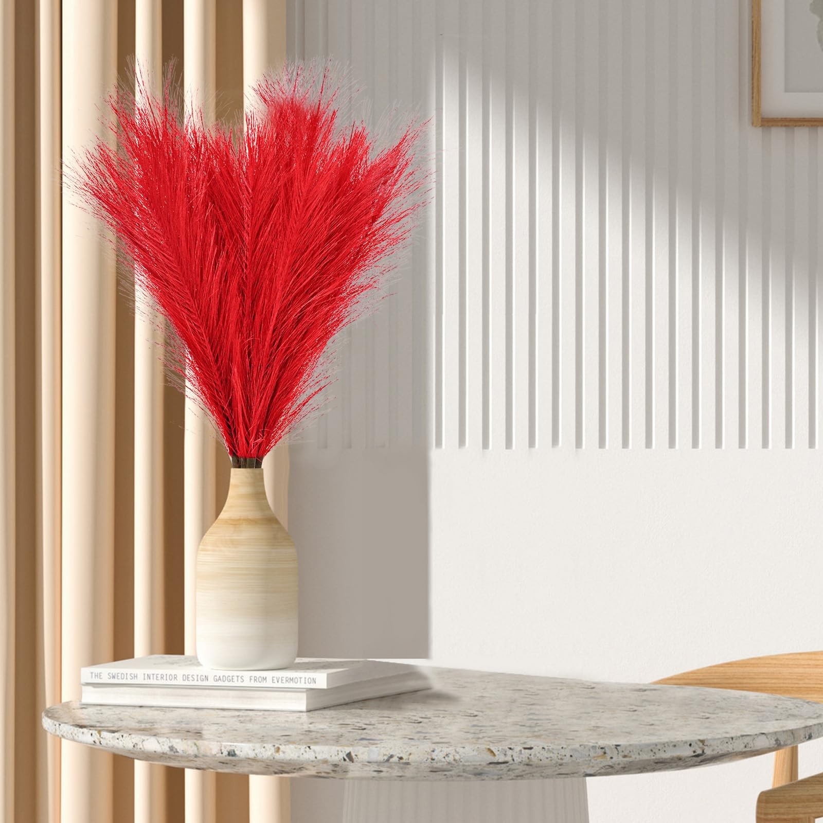 Pampas Grass Tall Fluffy Detachable Faux Bulrush Reed Dark Red Decor 5 PCS