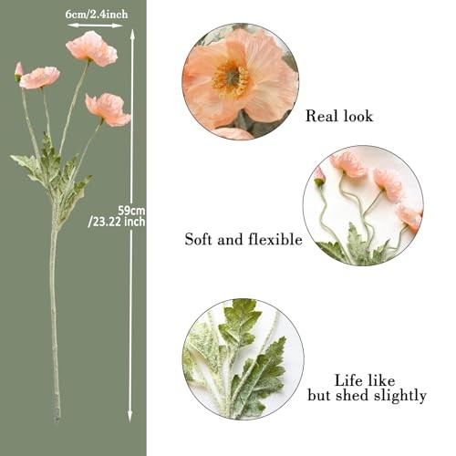 Artificial Flowers 5Pcs Poppies Flowers Artificial Silk Flowers for Home Coral