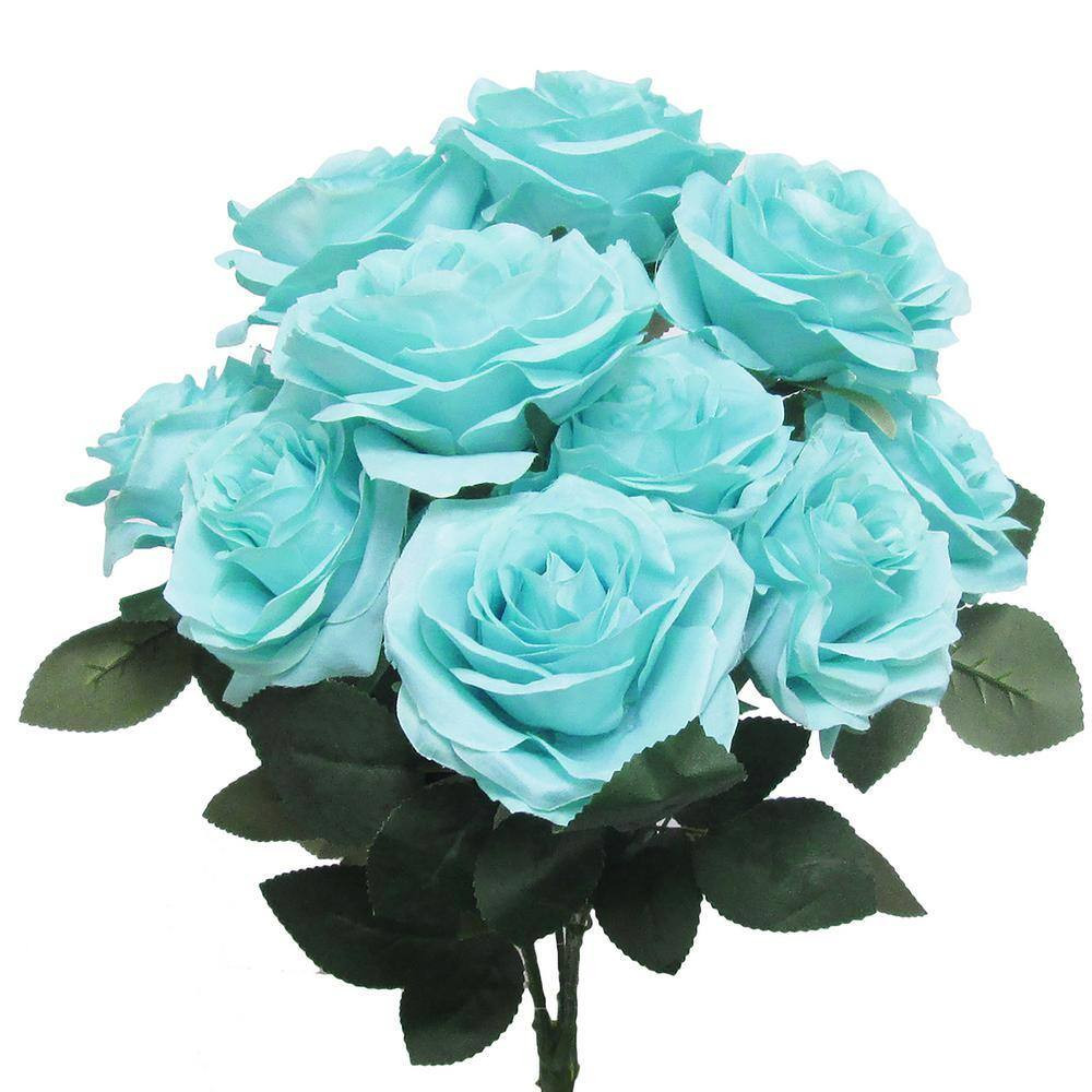 18 In. Deluxe Tiffany Blue Artificial Queen Rose Flower Stem Bush Bouquet (Set o