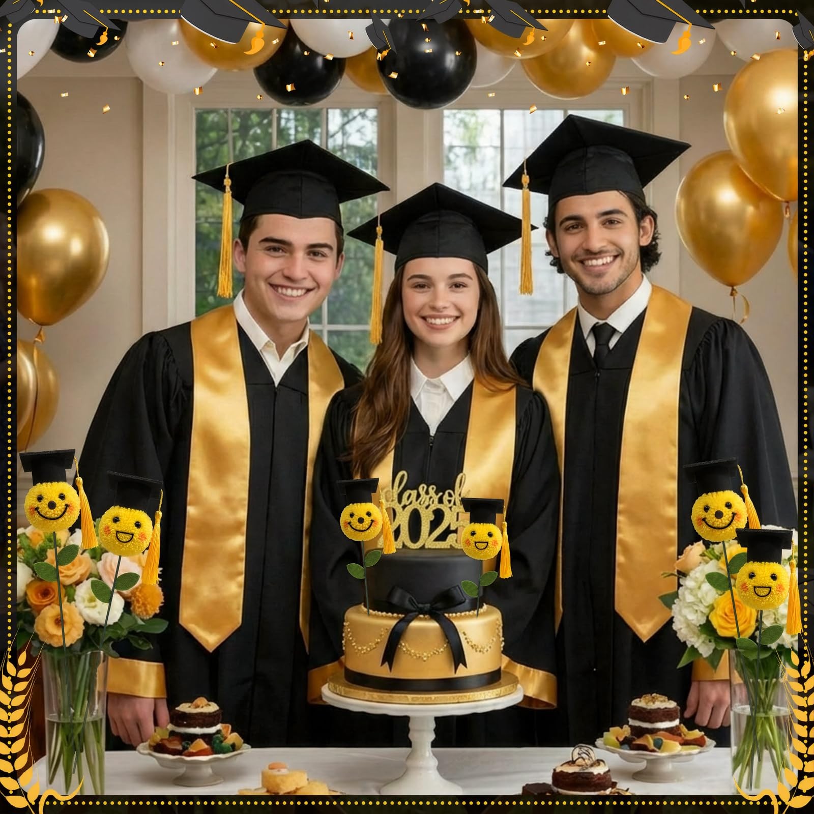 6 PCS Graduation Decorations Class 2026 Bouquet Accessories Gold Pom Mum