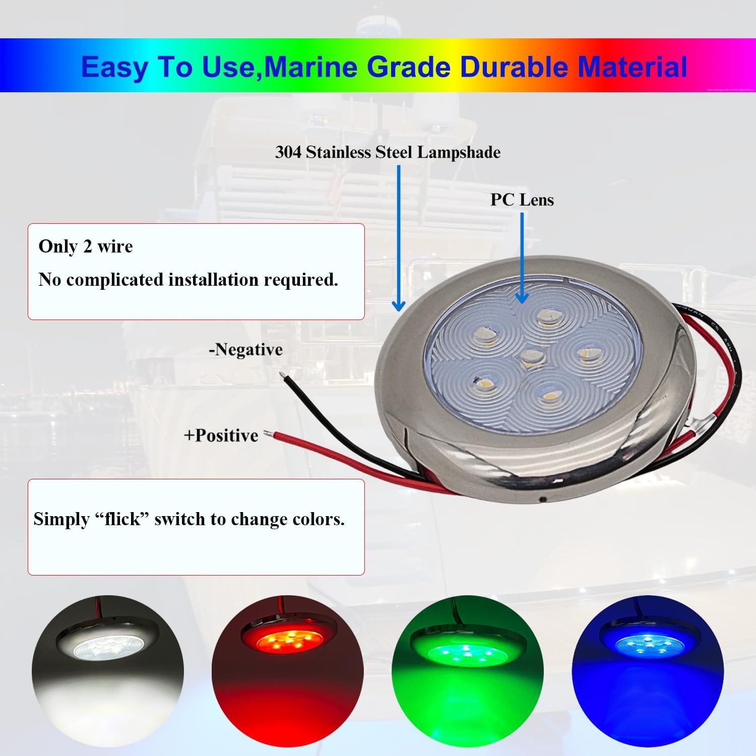 Marine Boat Courtesy Lights, 3 Inch RGBW LED Cabin Light, IP67 Waterproof Stainl