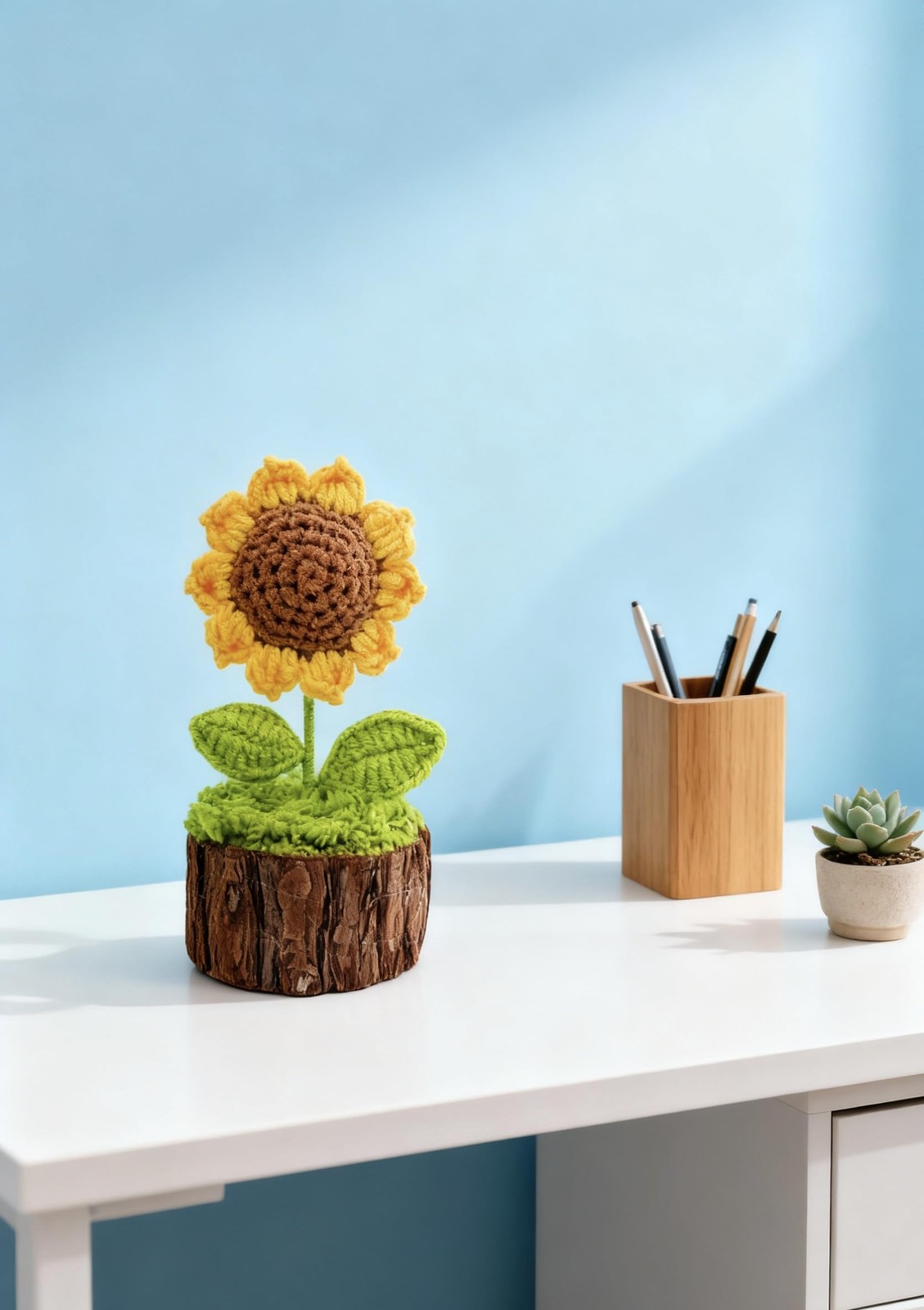 Crochet Sunflowers Bouquet, Handmade Knitted Flowers with Wooden Pot for Wome…