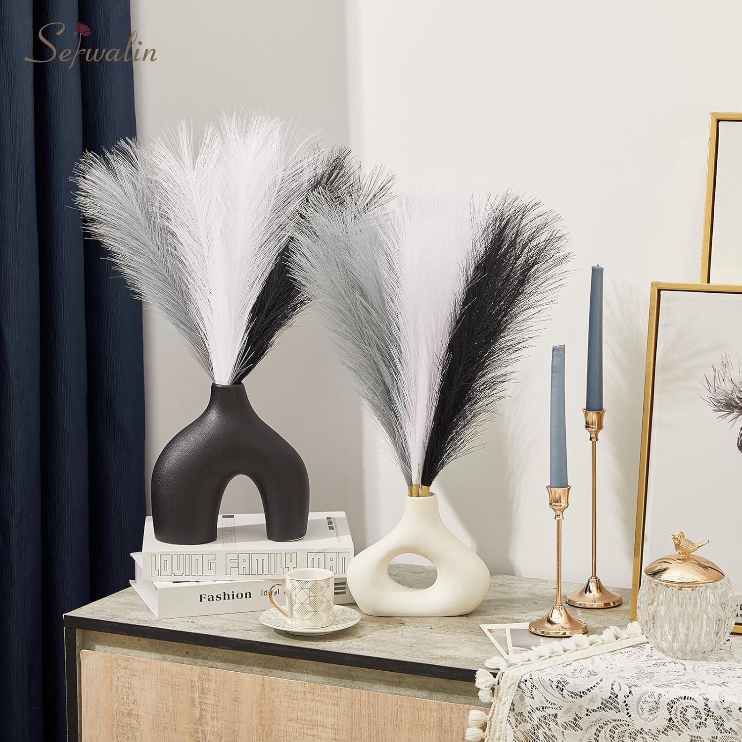 Pampas Grass Decor Black Pampas Decor, 17in 6pcs Faux Pampas Grass