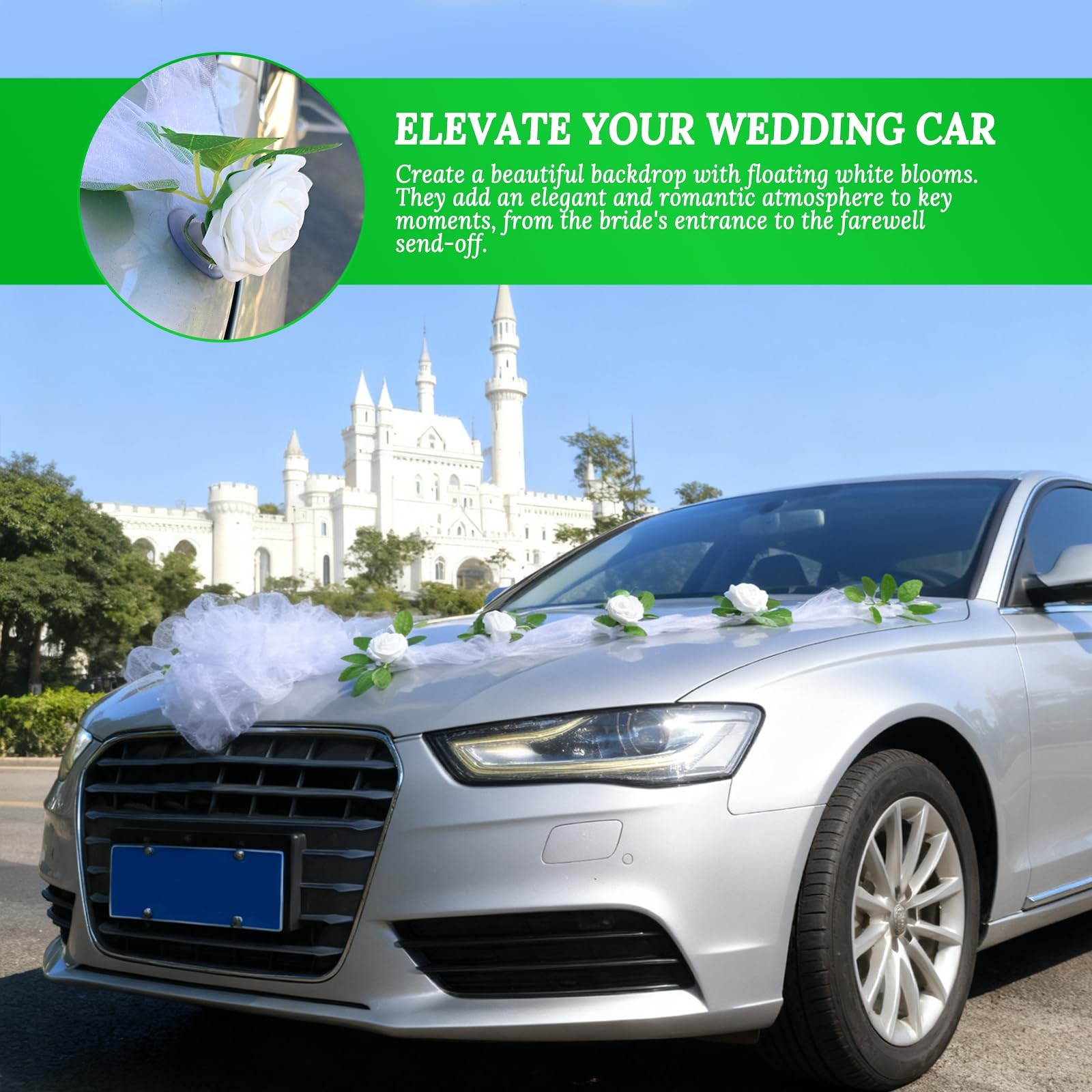 Wedding Car Decorations Artificial Flower Ball Bouquet White Yarn Tulle Ribbon