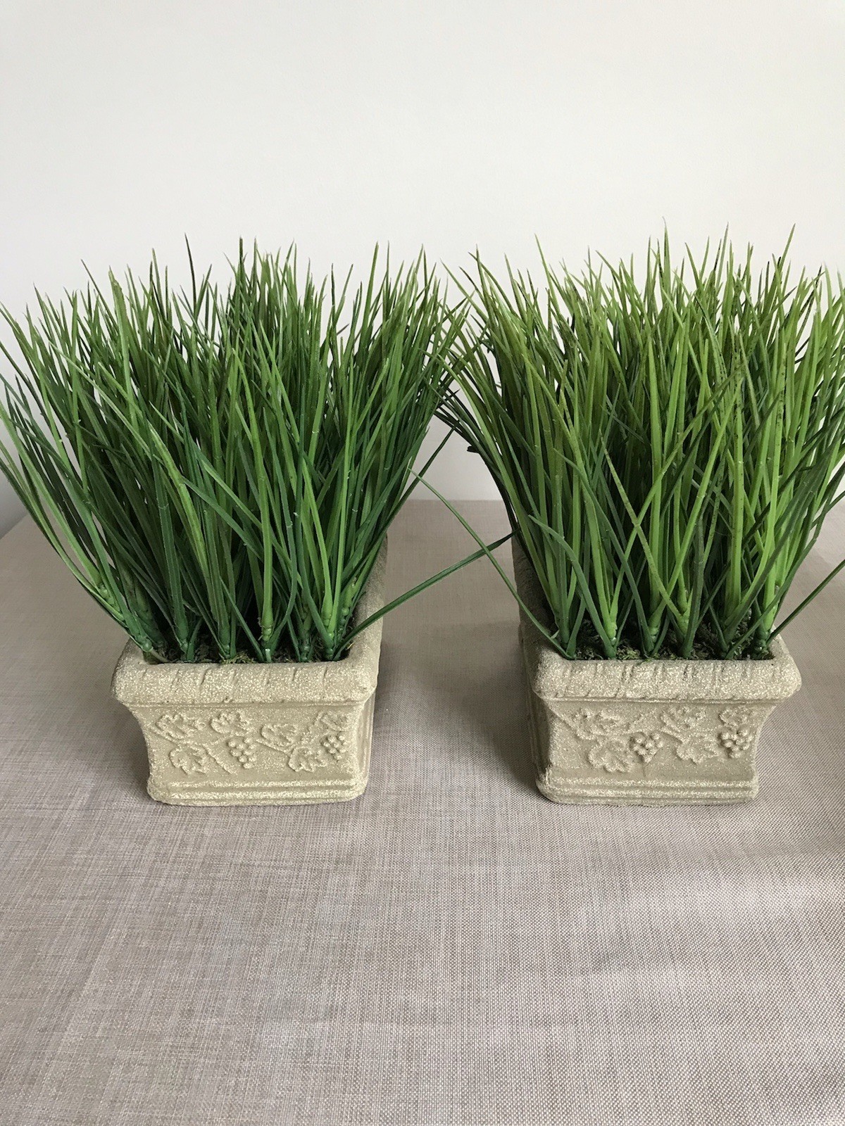 Set of 2 Faux Potted Grass in Faux Concrete Planter Patio Decorative Accent